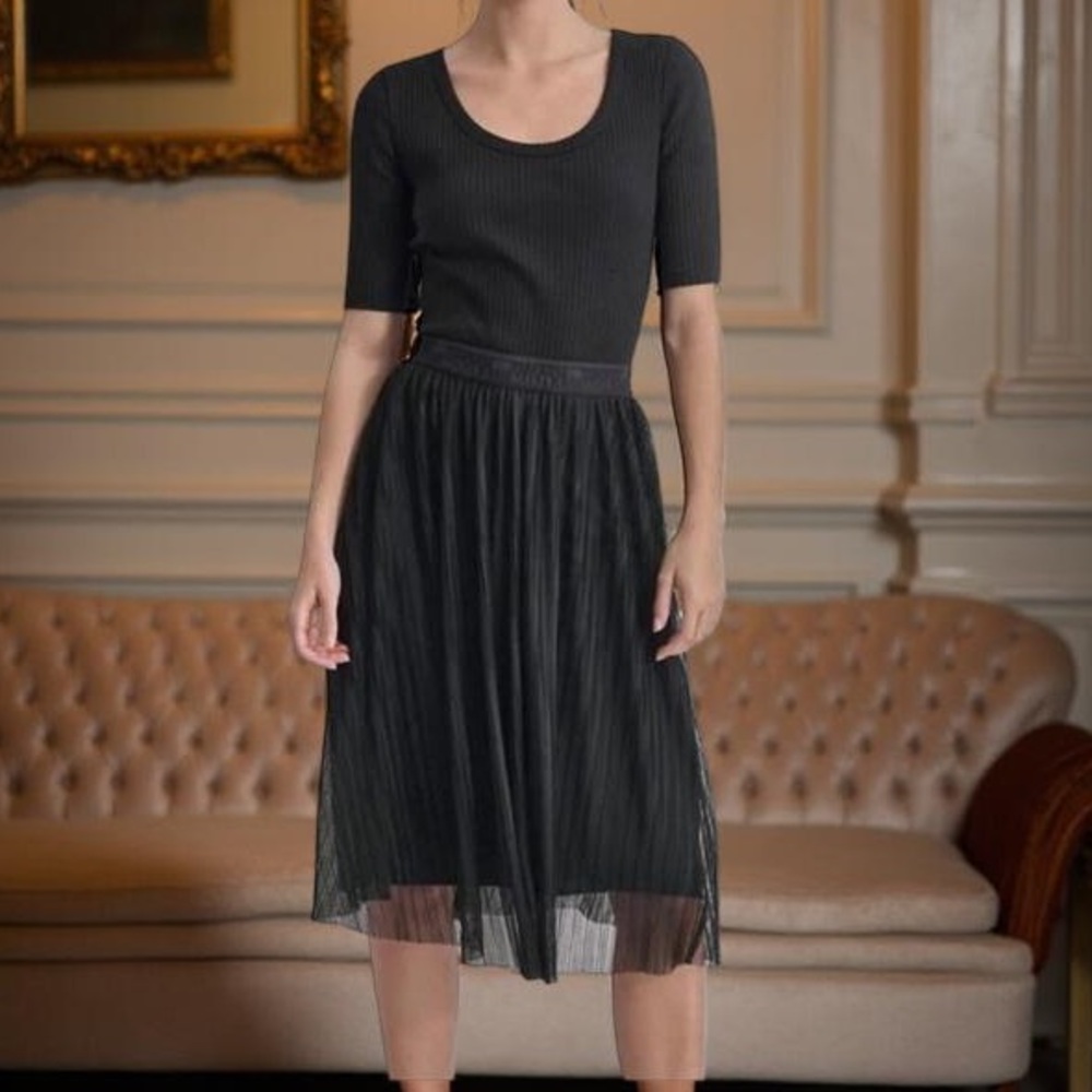 NWT DKNY Pleated Fit & Flare,tule,ballerina style dress SZ LG 93% cotton,black🖤